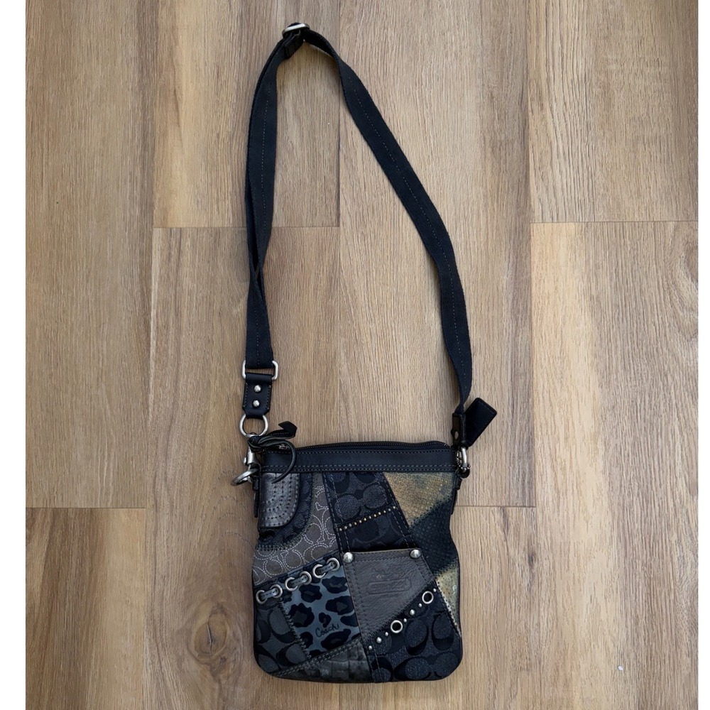 Vintage Coach Patchwork Crossbody Bag Black Leopard Signature Canvas Mixed Media
